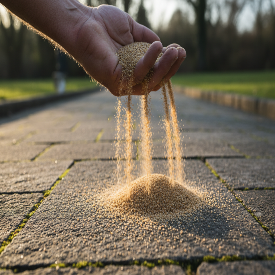 kräftige Männerhand lässt rauen feinen Sand aus der Handfläche auf eine steinplatte rieseln